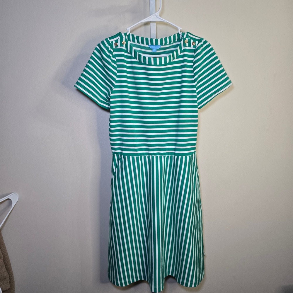 Draper James Green White Striped Short Sleeve Knit Dress Gold Shoulder Buttons M